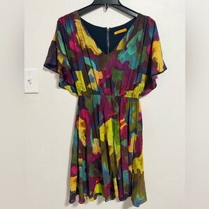 Alice + Olivia Kyra Abstract Silk Multicolor Artistic Ruffle Dress Size Small